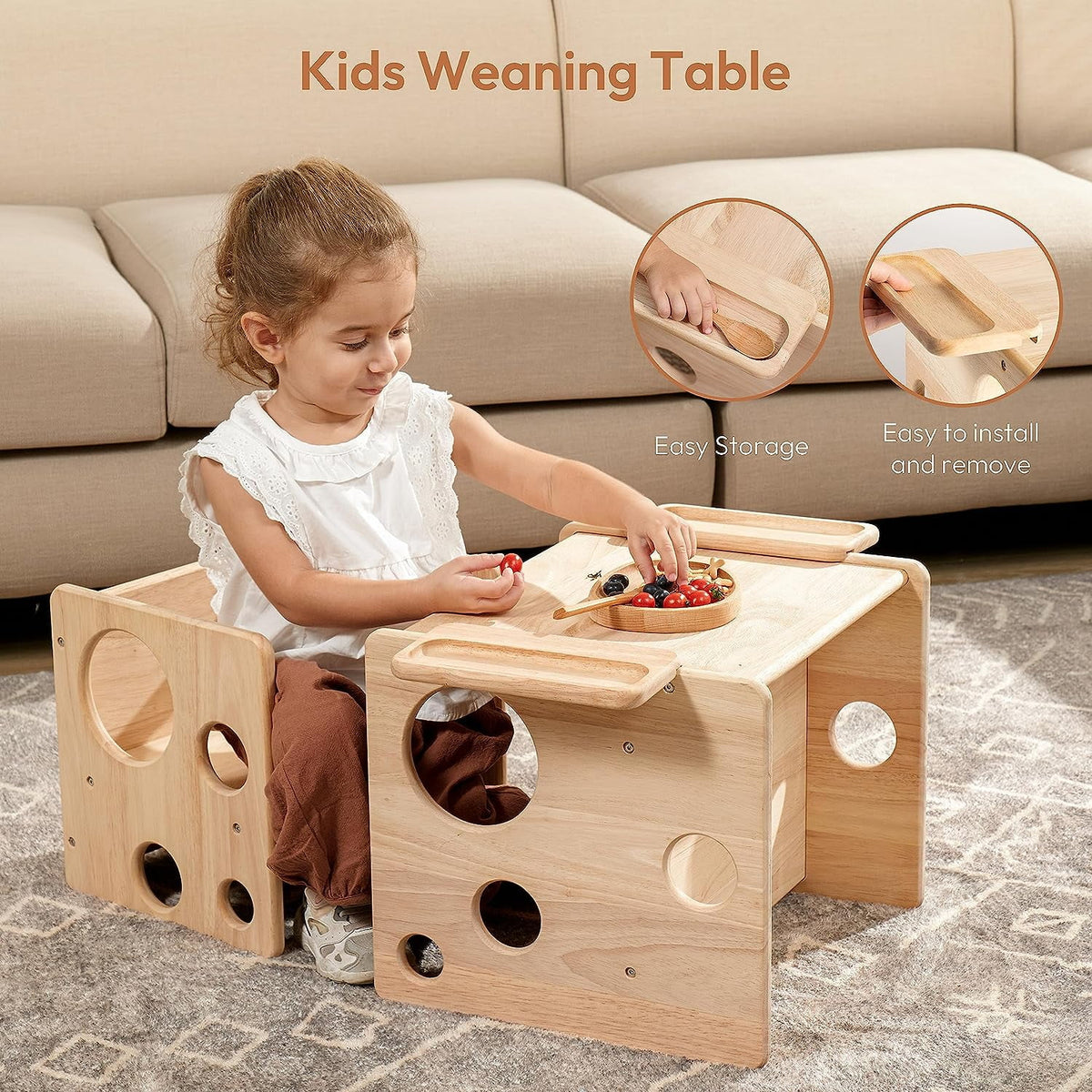 Montessori Weaning Table and Chair Set Natural Solid Wooden Kids Table Cube Chair M76995