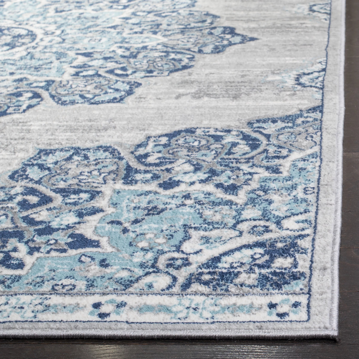 Navy Grey Floral Runner Rug R46116