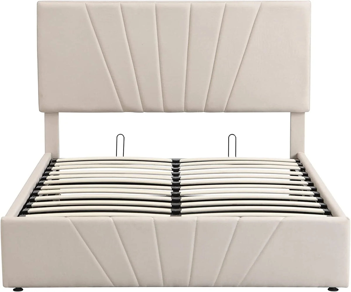 Beige Full Size Upholstered Platform Bed with Headboard and Storage R12768