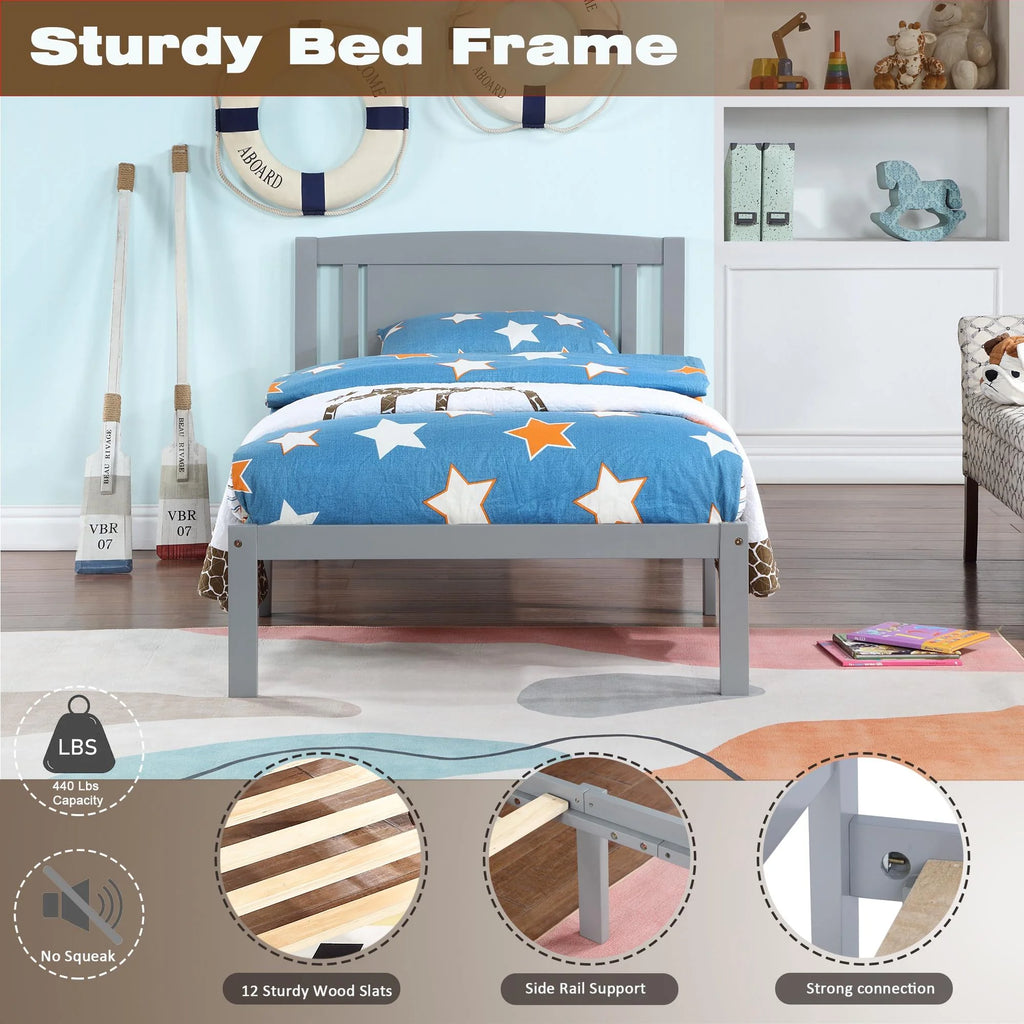 Twin Size Wood Platform Bed with Headboard R343118