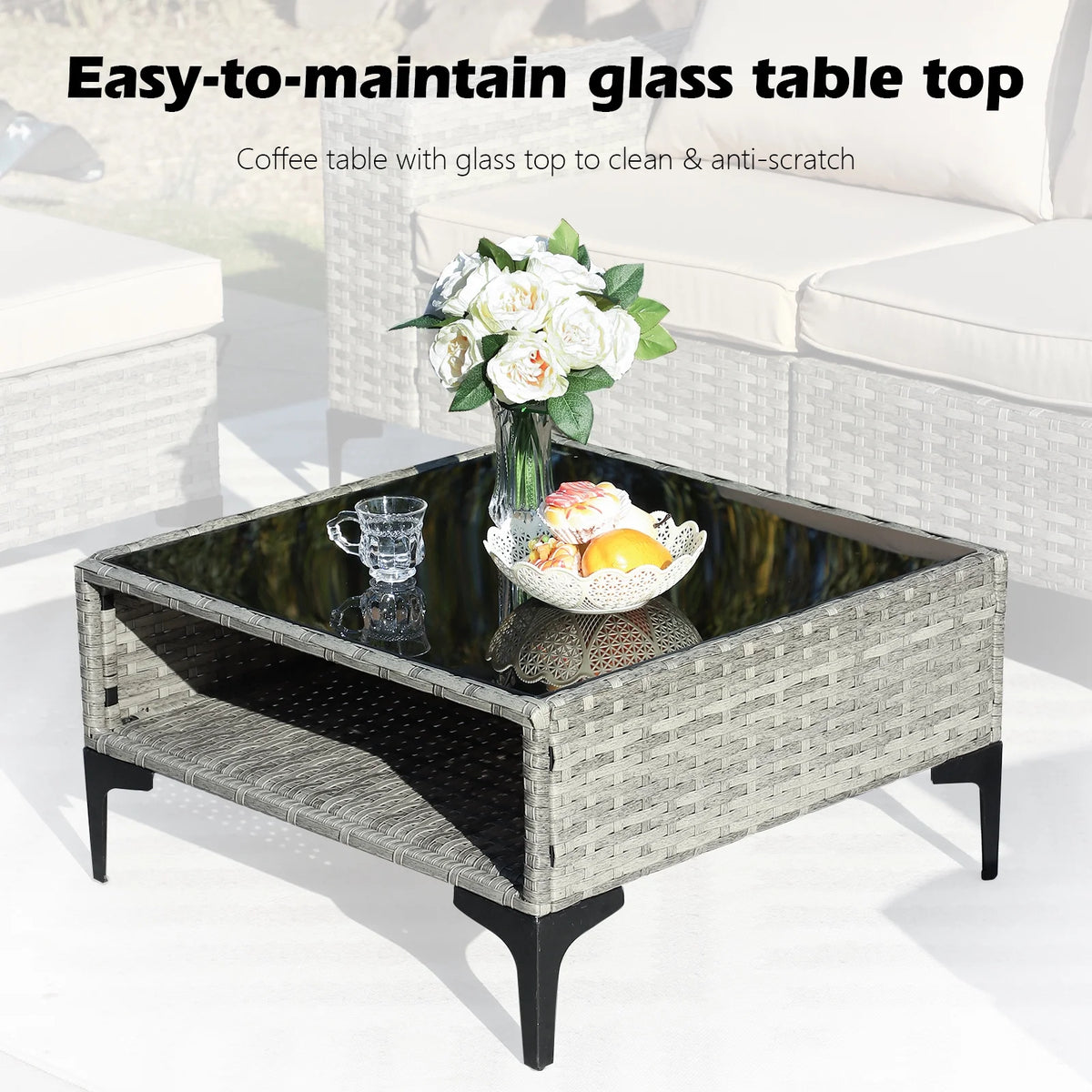 6 Pieces Patio Furniture Sets Outdoor Sectional Patio Sofa with Cushion Glass Table, Beige I960