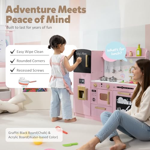Wooden Play Kitchen Set with Sink, Microwave, Ice Maker, Dishwasher, Pink N86794