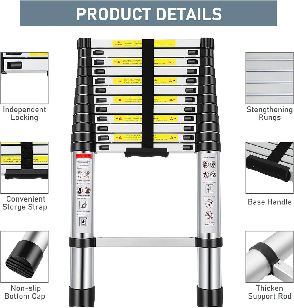 Telescoping Ladder 12.5FT Aluminum Alloy Folding Ladder, 330 lbs Load V121819