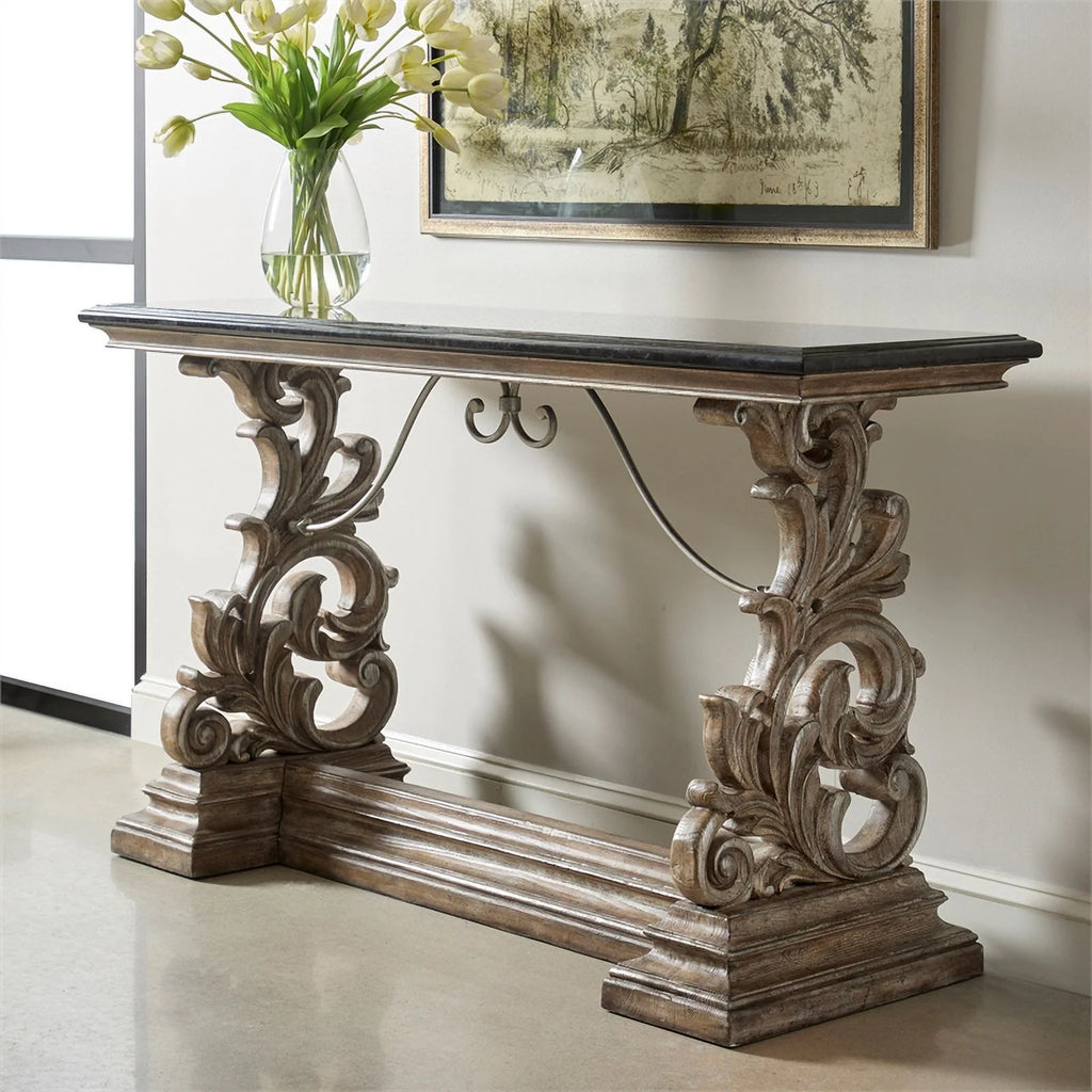 Brown Wood Console Table with Marble Top U313196