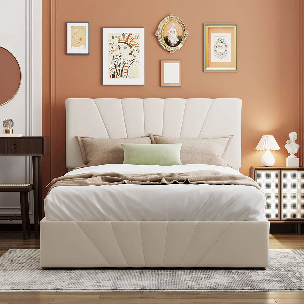 Beige Full Size Upholstered Platform Bed with Headboard and Storage R12768