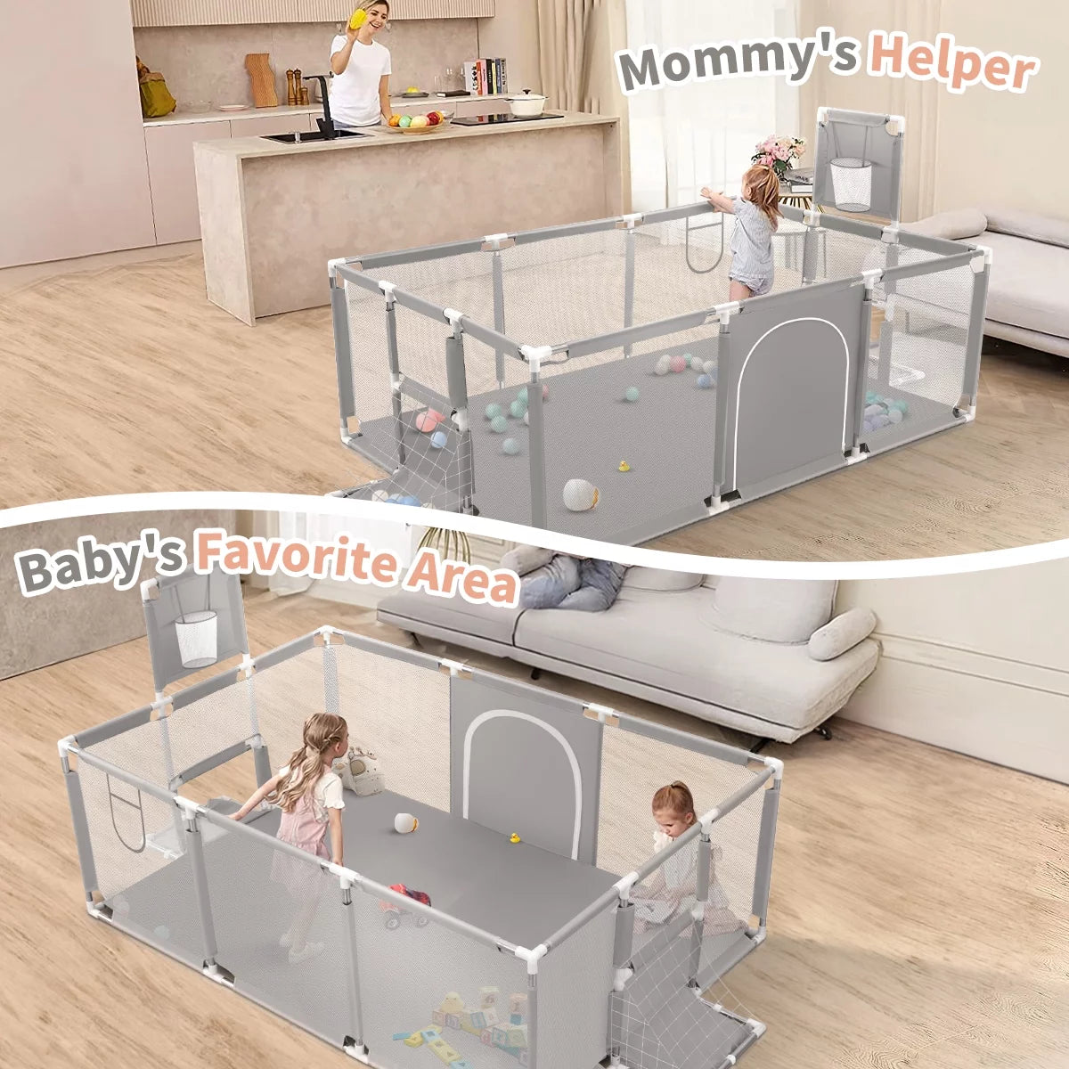 71 Inch Extra Large Baby Playpen with Basketball Hoop and Mesh K7341