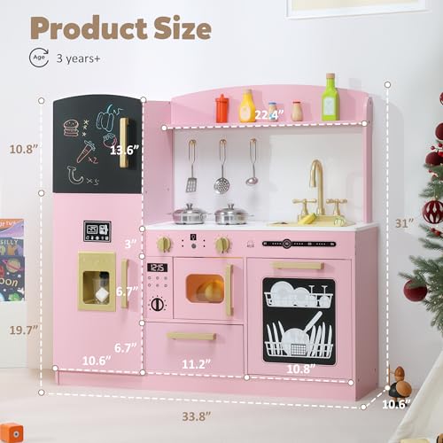 Wooden Play Kitchen Set with Sink, Microwave, Ice Maker, Dishwasher, Pink N86794