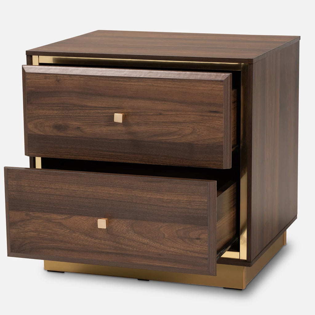Walnut Brown Wood and Gold Metal 2-Drawer Nightstand H3402