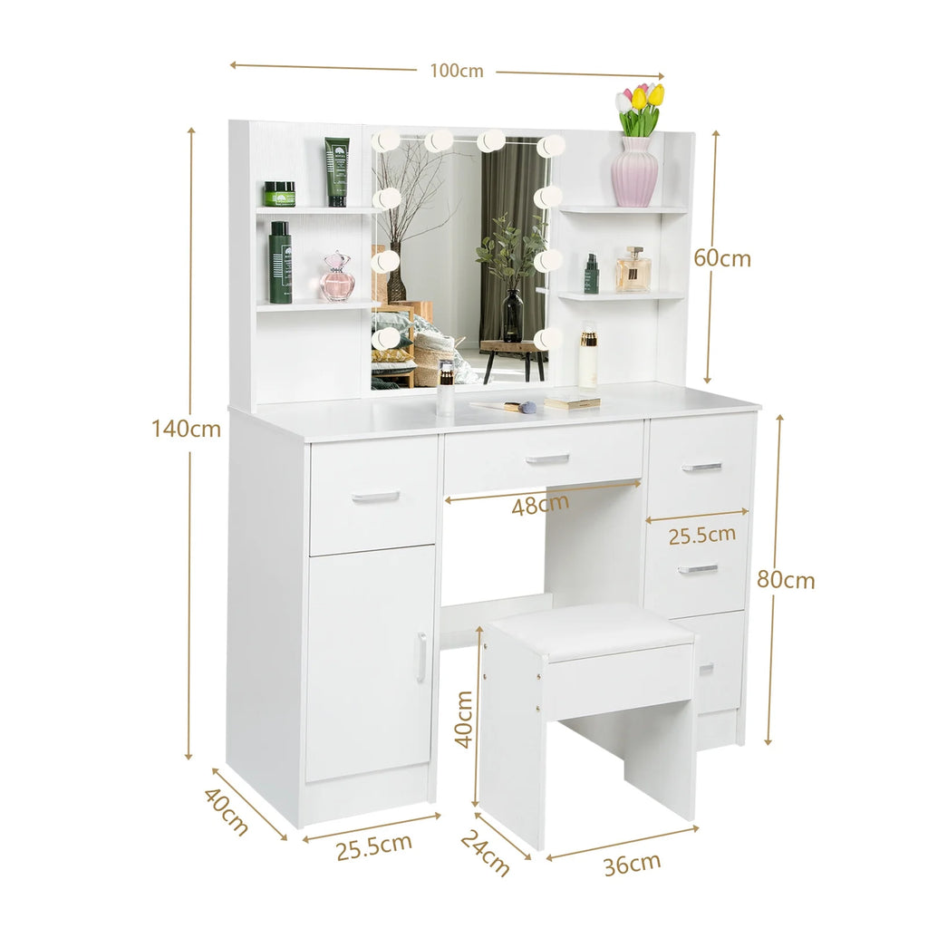 White Vanity Set with LED Lights, Stool, 5 Drawers V1494