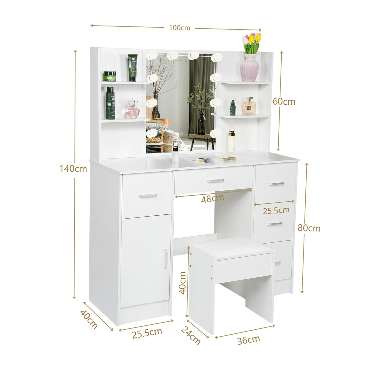 White Vanity Set with LED Lights, Stool, 5 Drawers V1494
