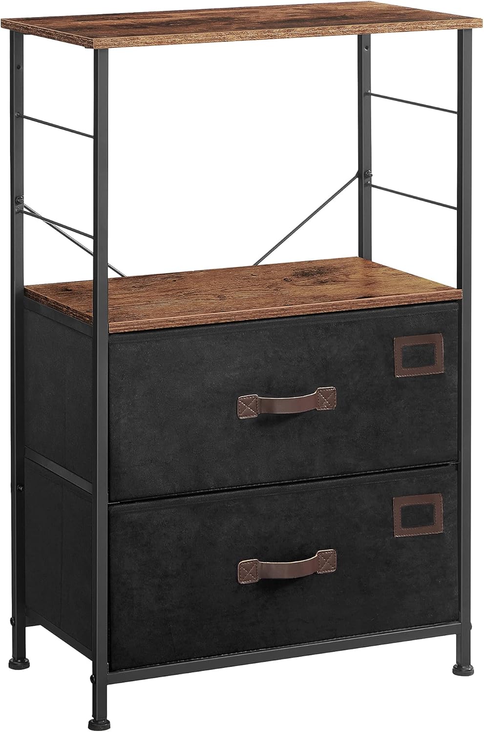 Rustic Brown Black Gray Nightstand with 2 Fabric Drawers and Wooden Top W3046