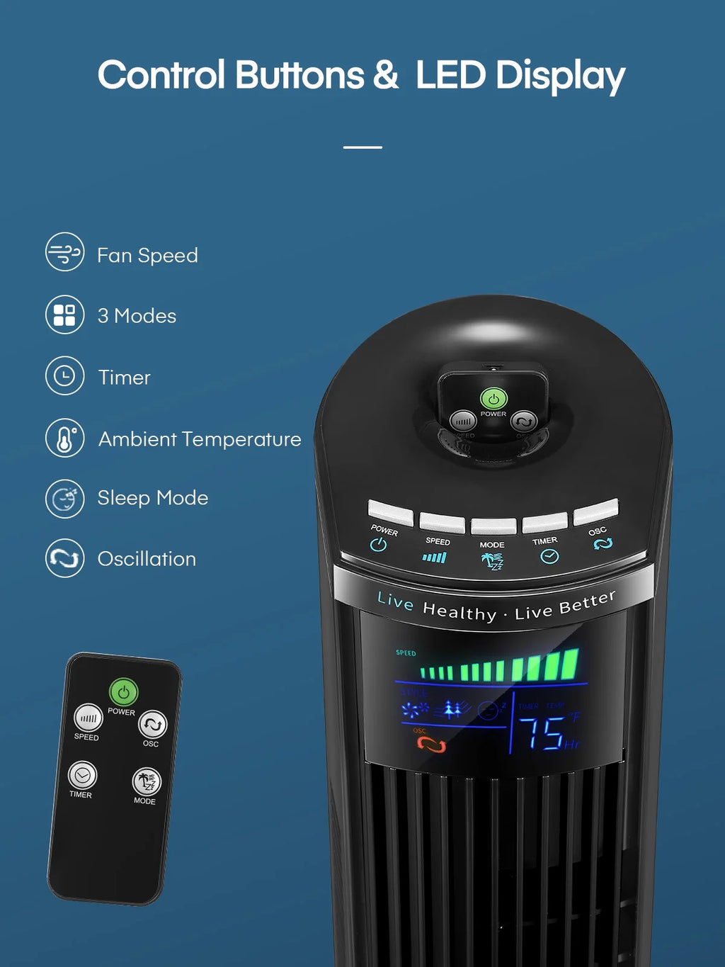 36" Oscillating Tower Fan with Remote Control (Black) O1581
