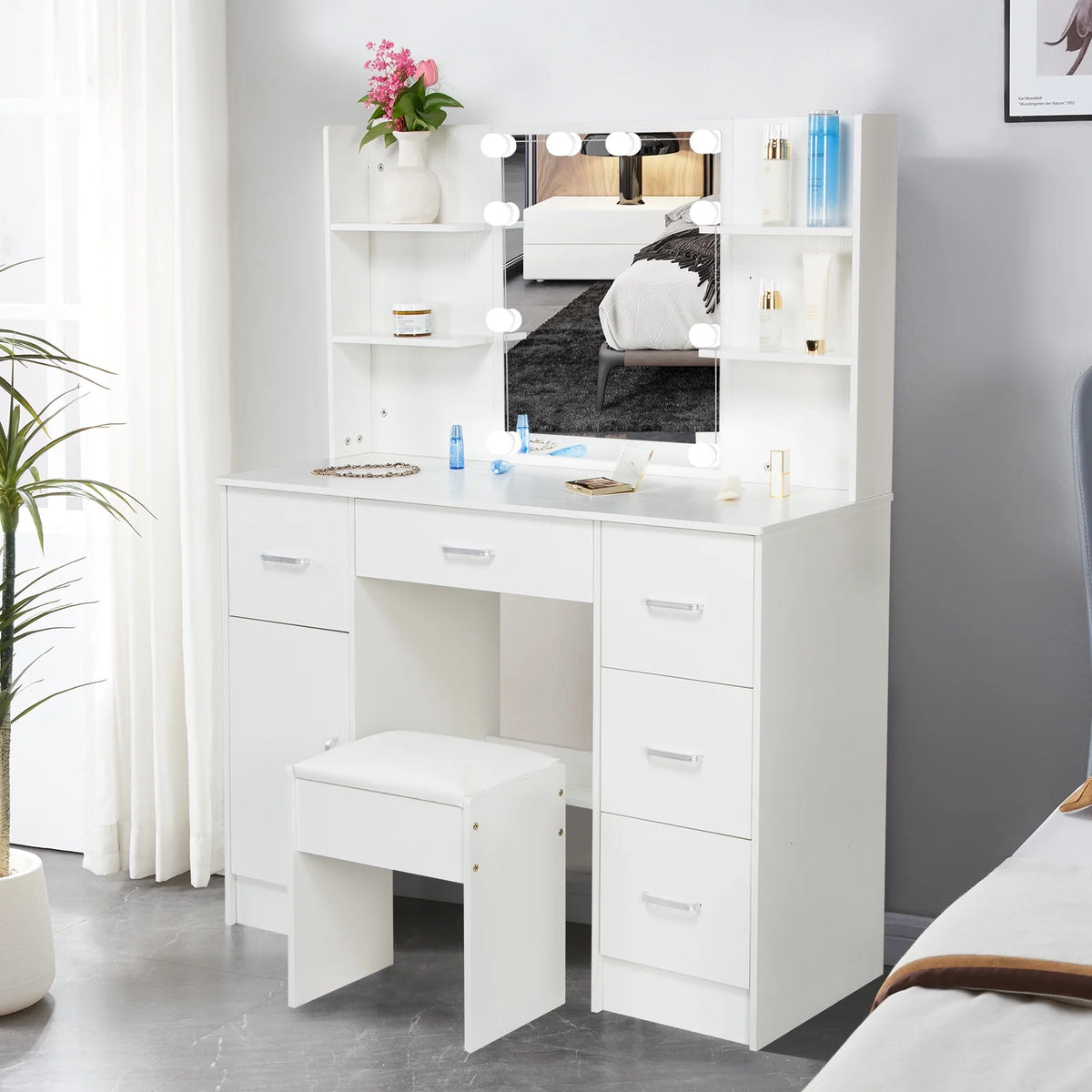 White Vanity Set with LED Lights, Stool, 5 Drawers V1494