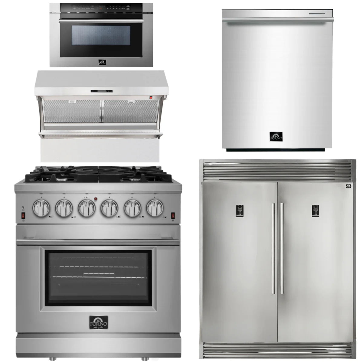 30 Inch Gas Range, Wall Mount Range Hood, Refrigerator, Microwave Drawer, Dishwasher K4386