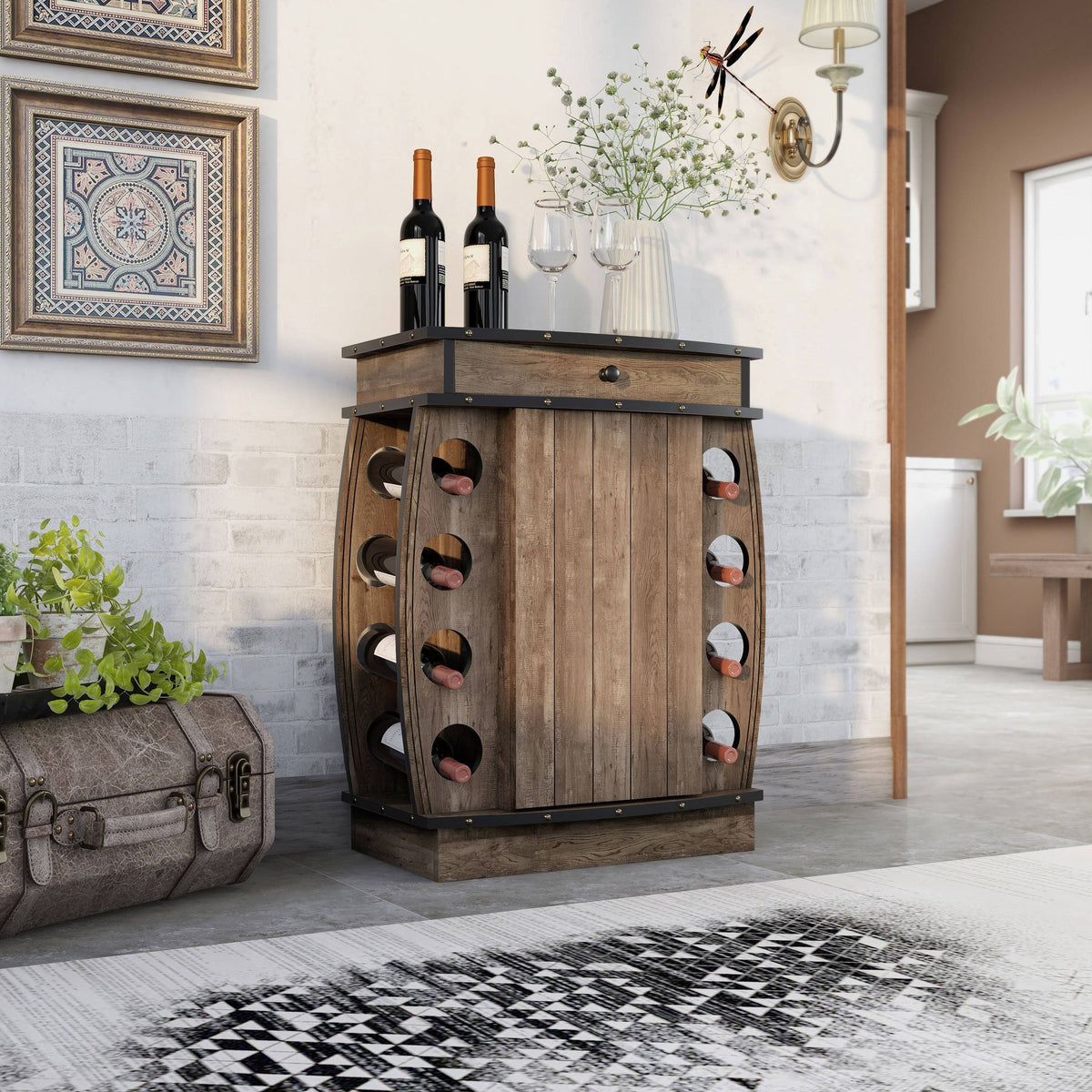 Rustic Reclaimed Oak Finish Multi-Storage Bar Cabinet D335020