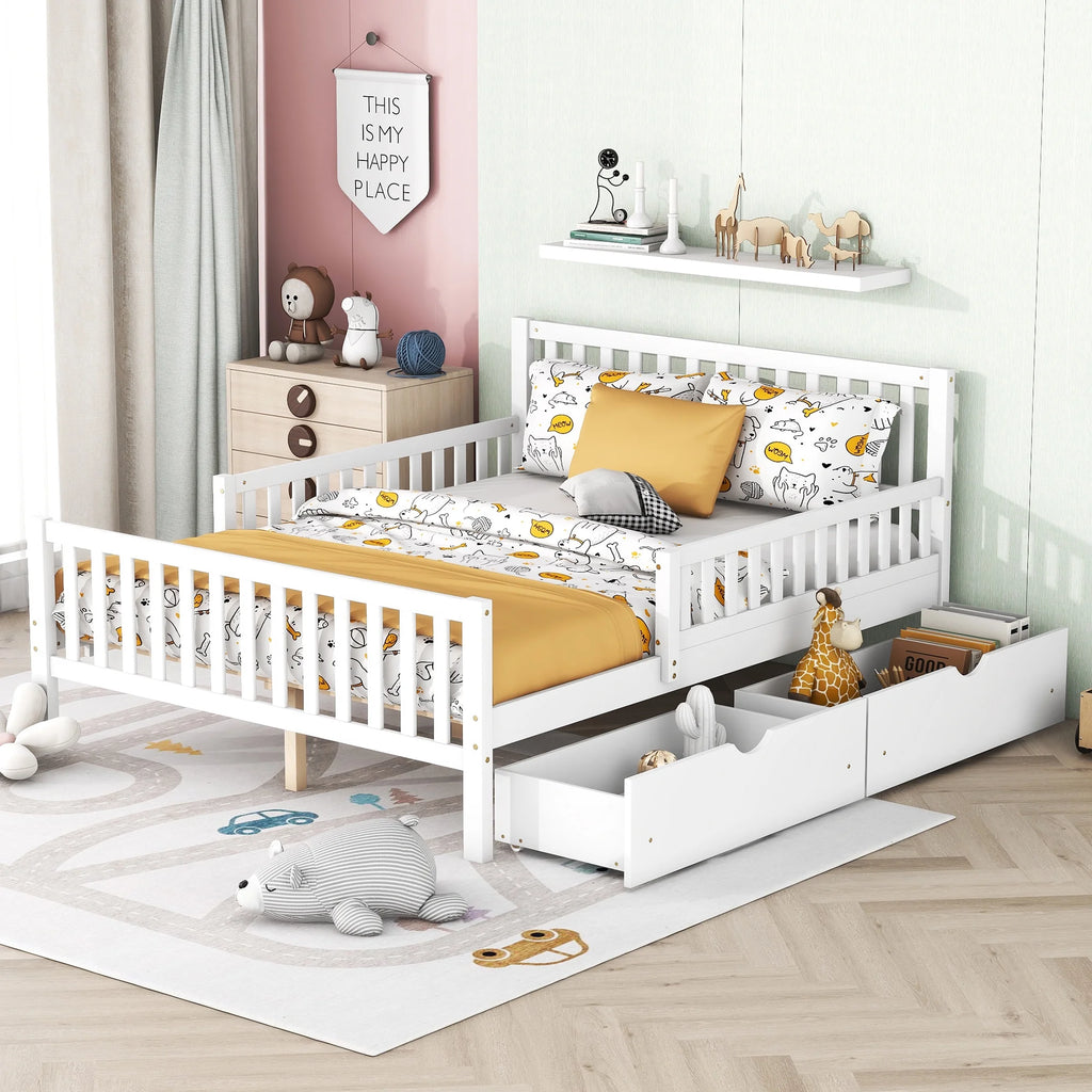 White Wood Full Bed Frame with Storage Drawers L6348