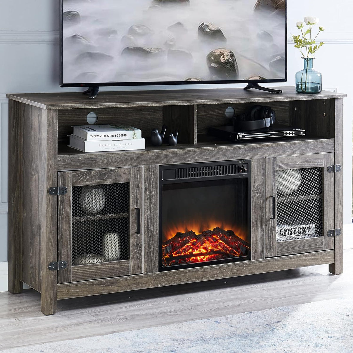 Grey Tall Farmhouse TV Stand with Electric Fireplace Q315584