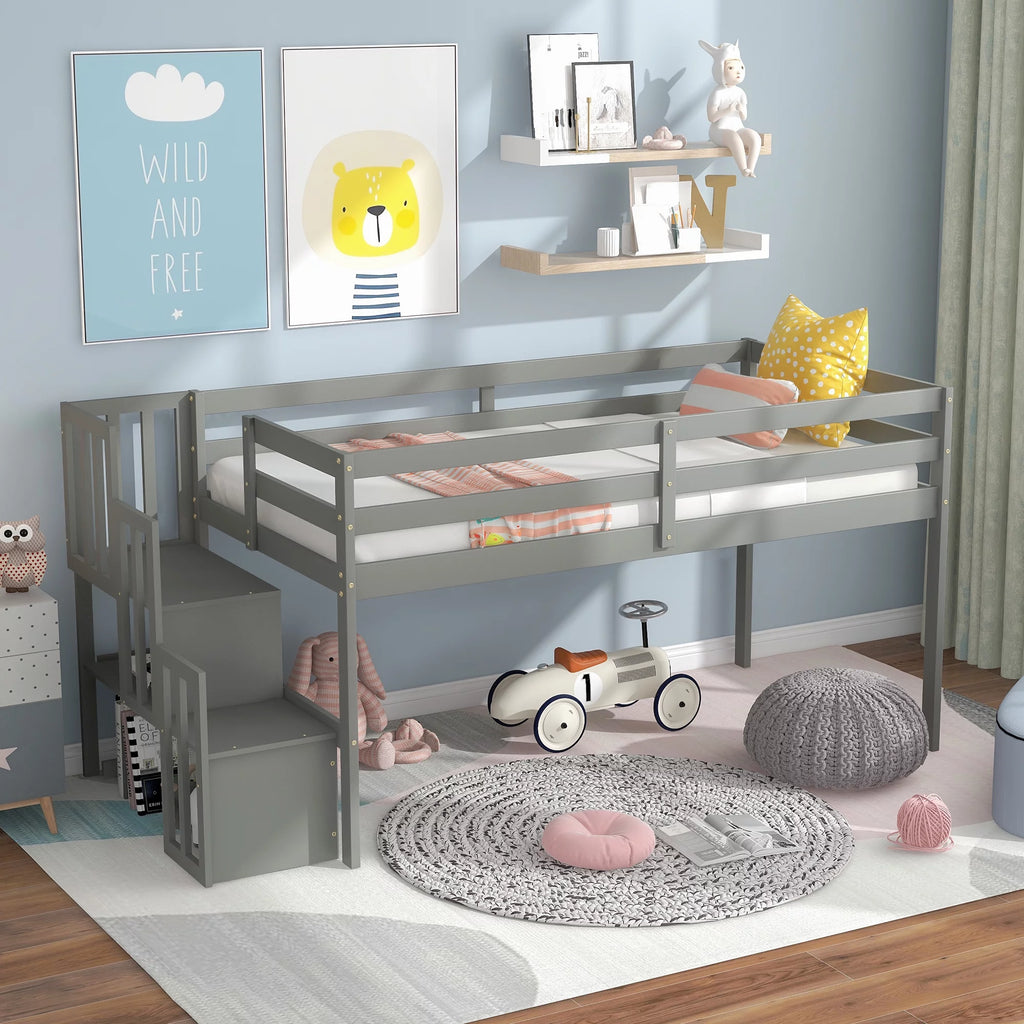 Gray Wood Low Loft Bed Frame with Storage and Stairs O217240