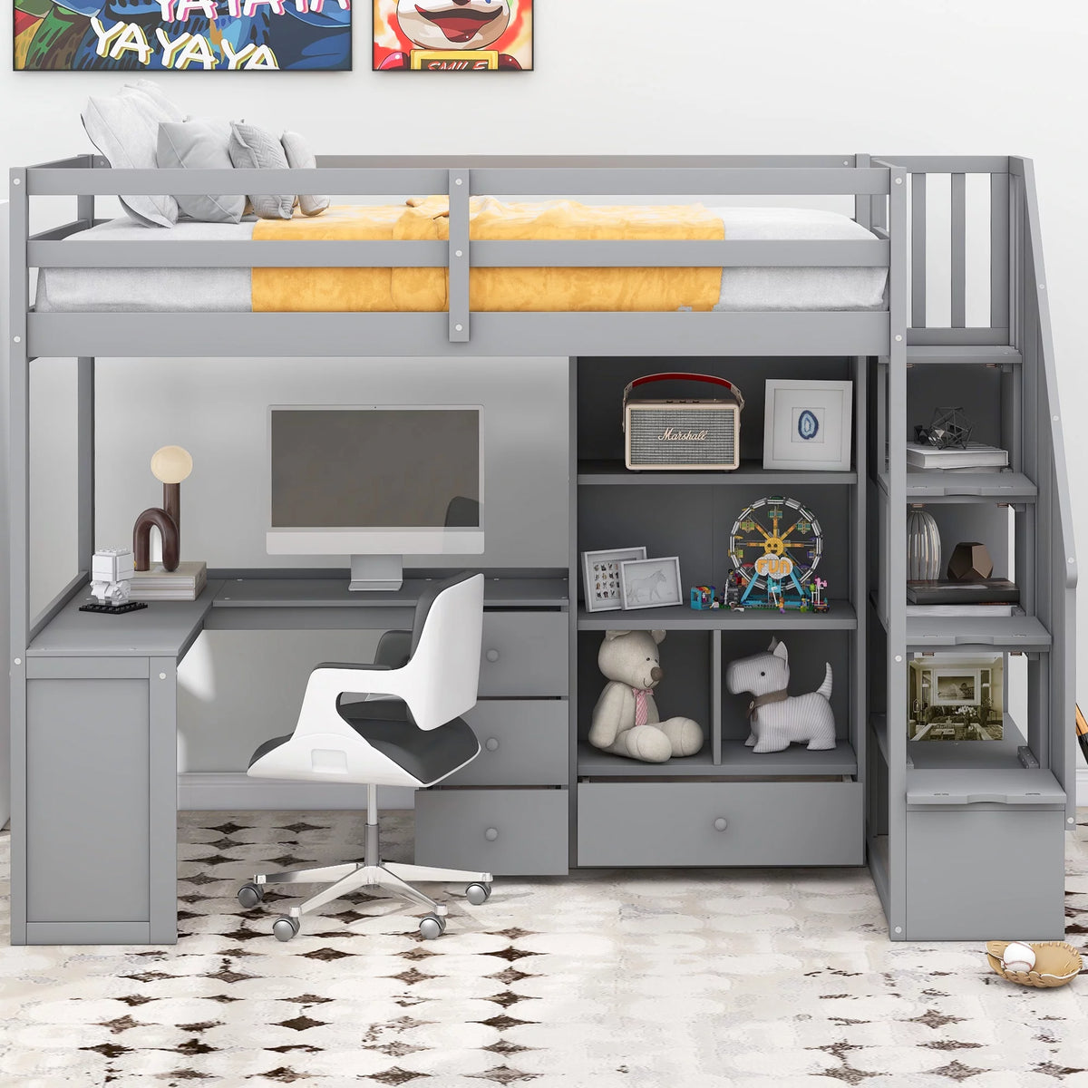 Gray Wood Twin Size Loft Bed with Desk and Stairs, 4 Storage Drawers, 4 Shelves O8755