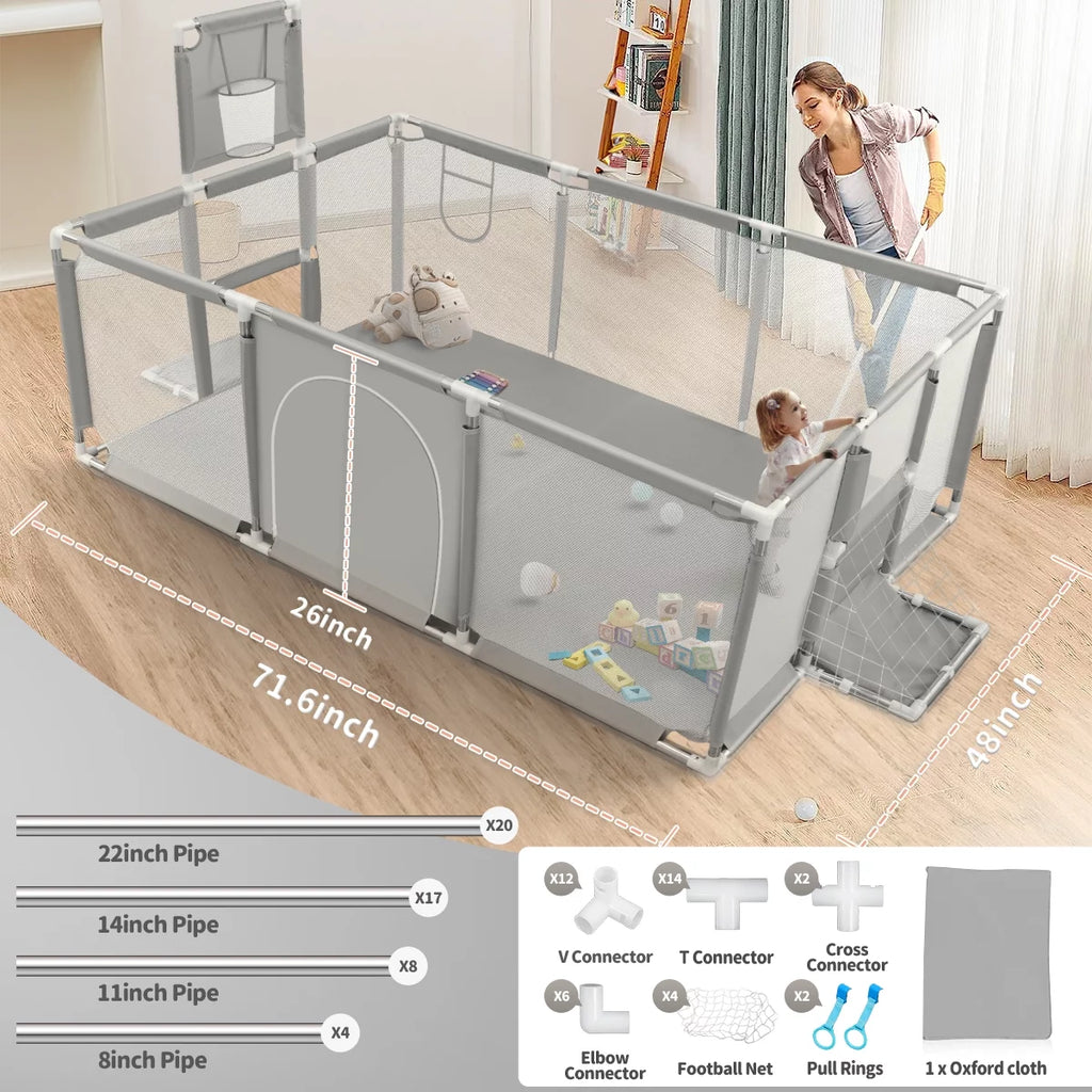 71 Inch Extra Large Baby Playpen with Basketball Hoop and Mesh K7341