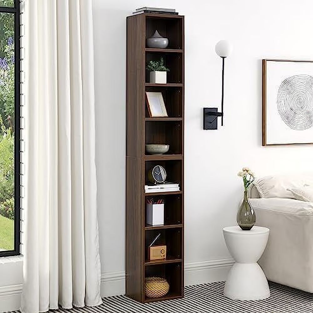 8-Tier Tall Narrow Media Tower Cabinet with Adjustable Shelves Walnut F923557