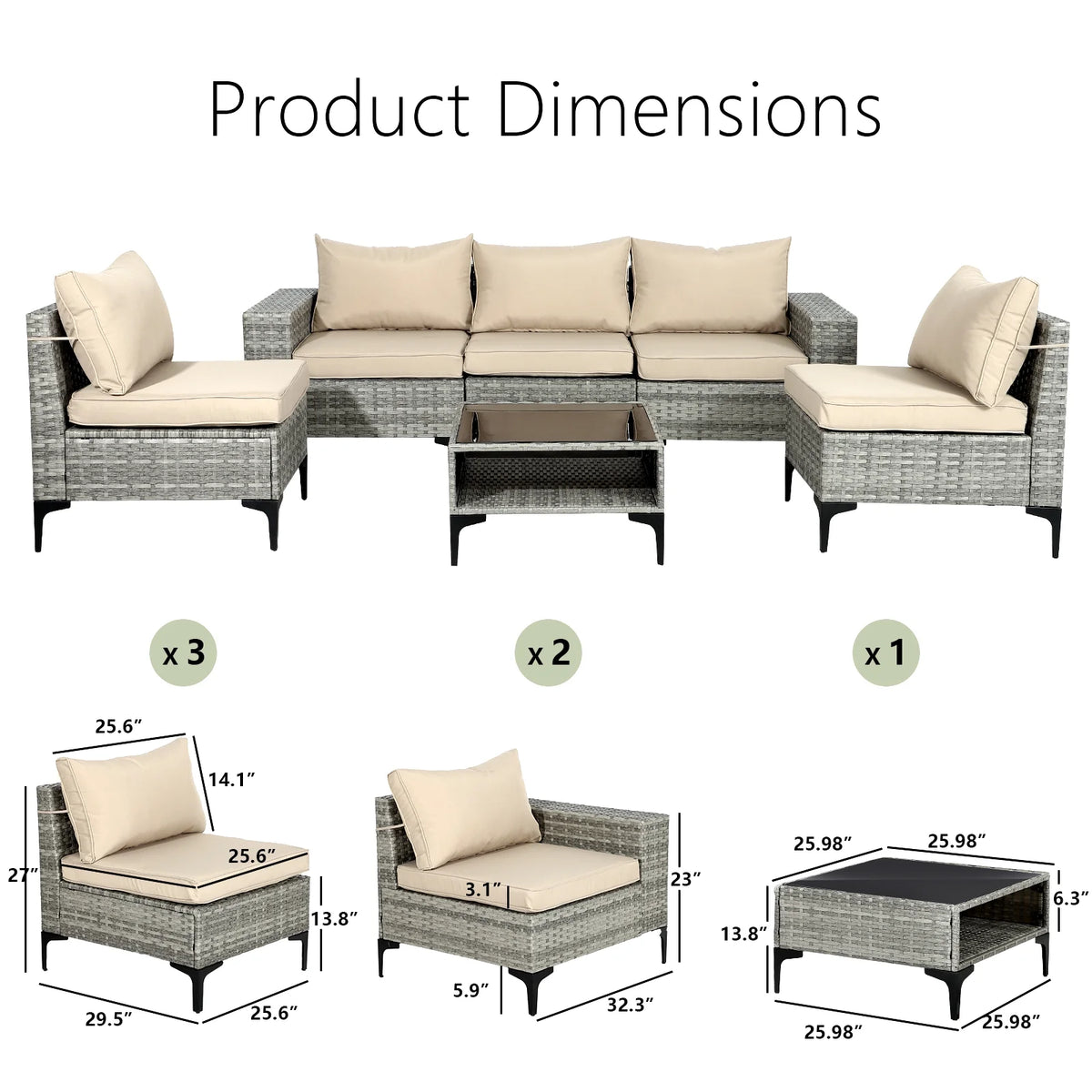 6 Pieces Patio Furniture Sets Outdoor Sectional Patio Sofa with Cushion Glass Table, Beige I960