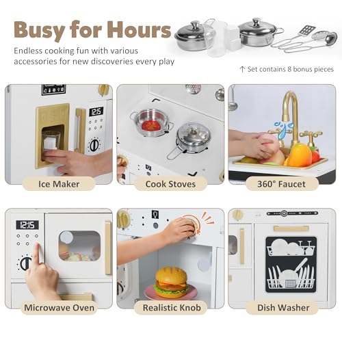Wooden Play Kitchen Set with Sink, Microwave, Ice Maker, Dishwasher, Pink N86794