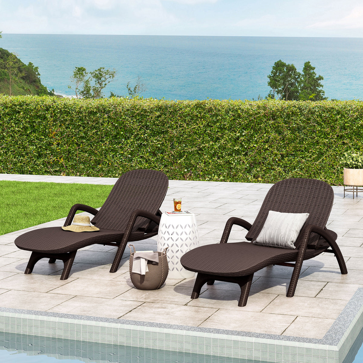 Dark Brown Faux Wicker Chaise Lounges Set of 2 O79167