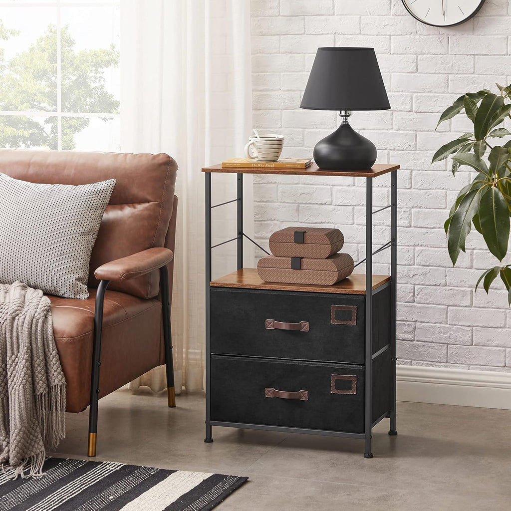 Rustic Brown Black Gray Nightstand with 2 Fabric Drawers and Wooden Top W3046