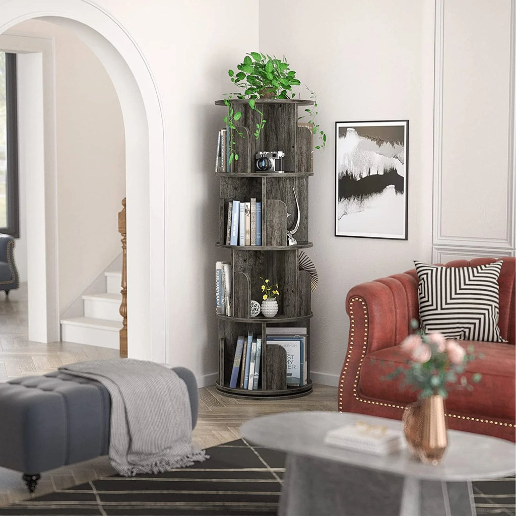 Grey Oak 4 Tier Rotating Corner Bookshelf A459394