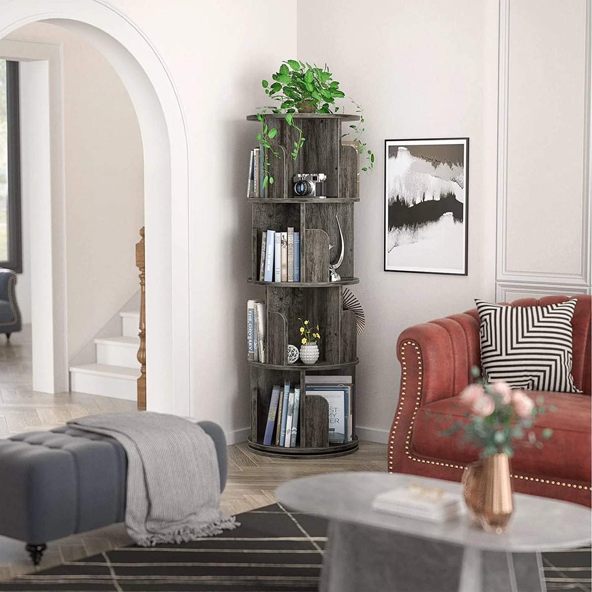 Grey Oak 4 Tier Rotating Corner Bookshelf A459394