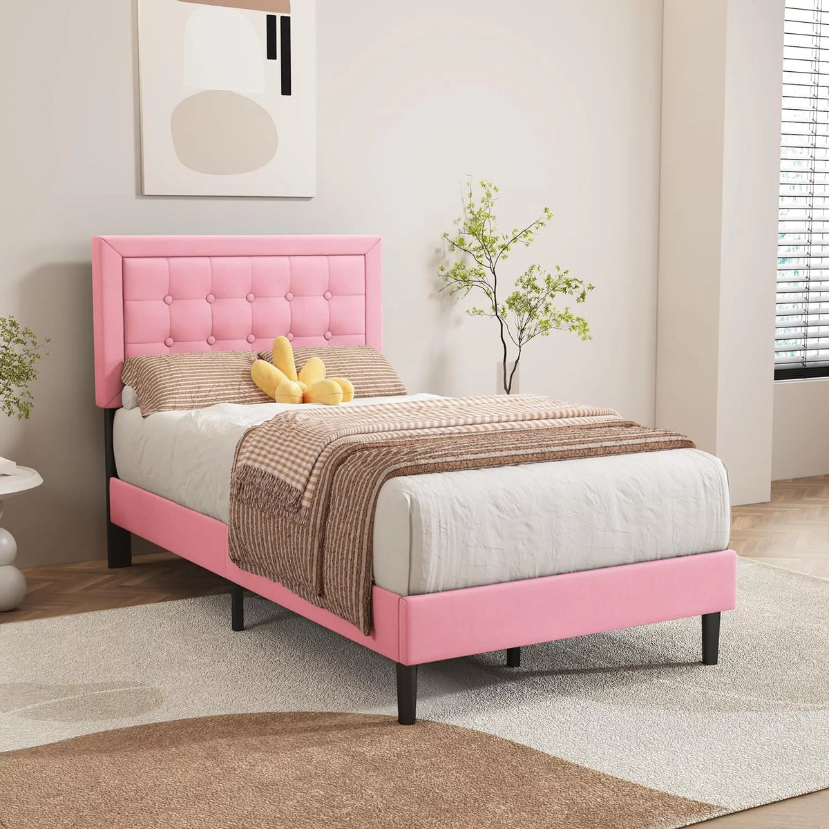 Pink Velvet Upholstered Platform Bed Frame Twin Size P118