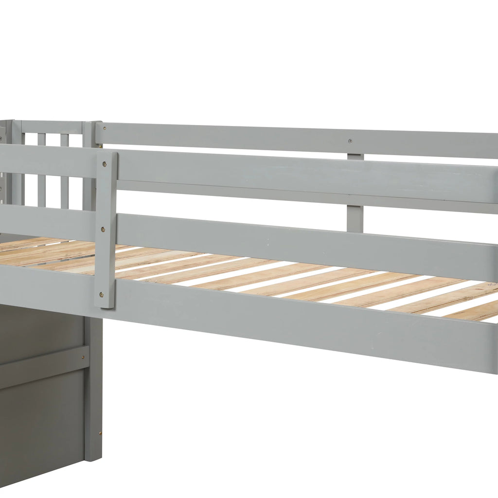 Gray Wood Low Loft Bed Frame with Storage and Stairs O217240