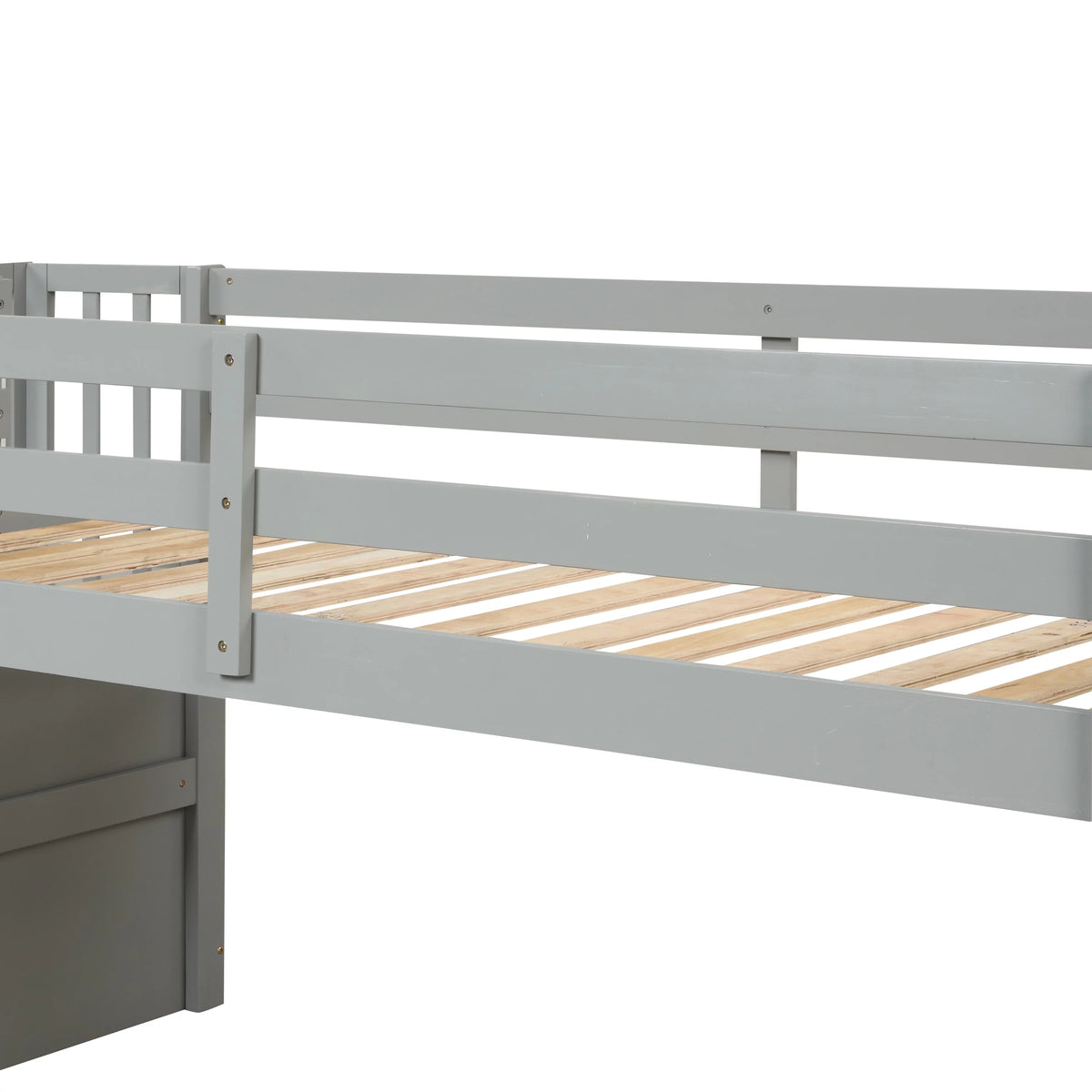 Gray Wood Low Loft Bed Frame with Storage and Stairs O217240