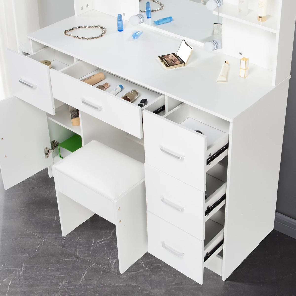 White Vanity Set with LED Lights, Stool, 5 Drawers V1494