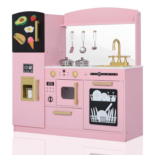 Wooden Play Kitchen Set with Sink, Microwave, Ice Maker, Dishwasher, Pink N86794
