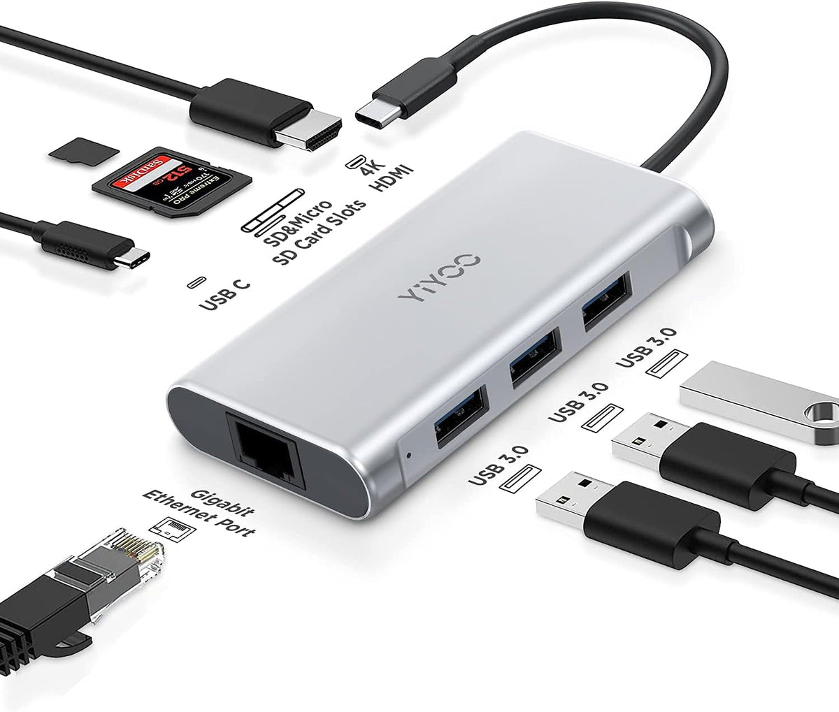 USB C Hub Adapter 8-in-1 with Ethernet Port, 4K USB C to HDMI, 3 USB 3.0, SD&Micro SD Card Reader, USB-C Power Delivery K804