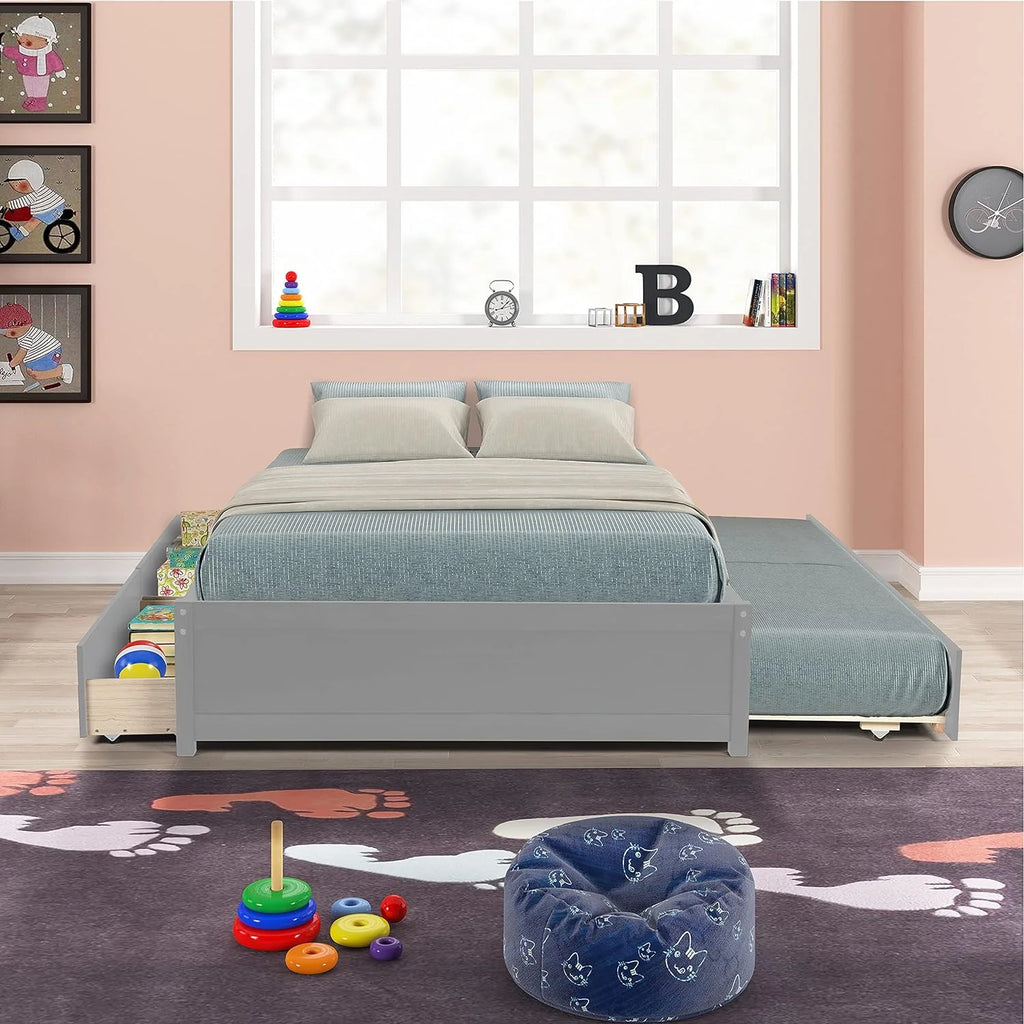 Full Size Wood Platform Bed with Trundle and 2 Drawers O587146
