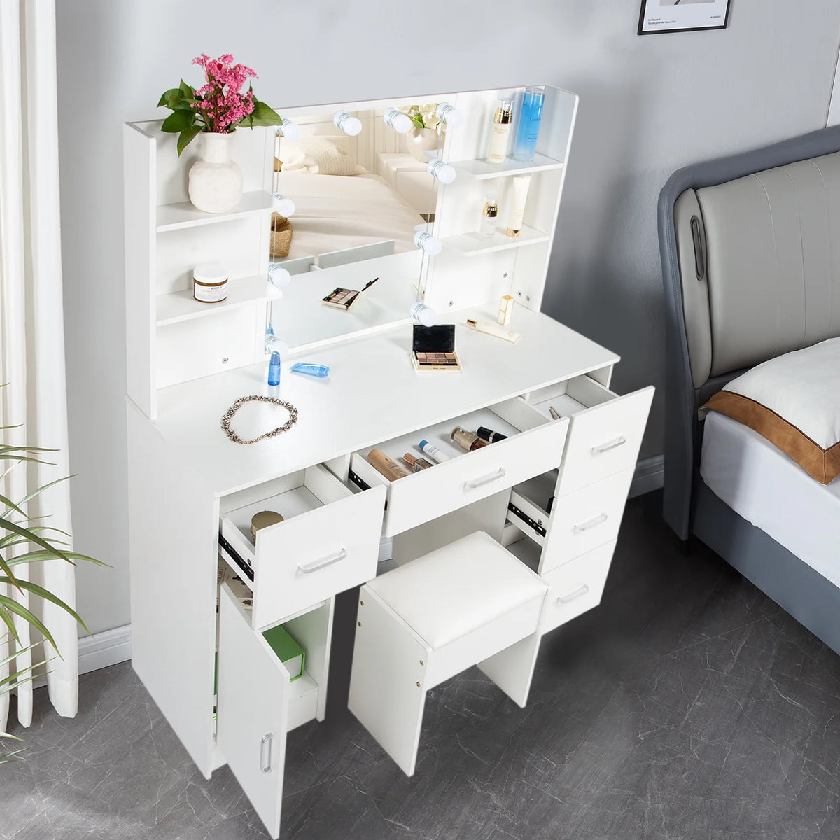 White Vanity Set with LED Lights, Stool, 5 Drawers V1494