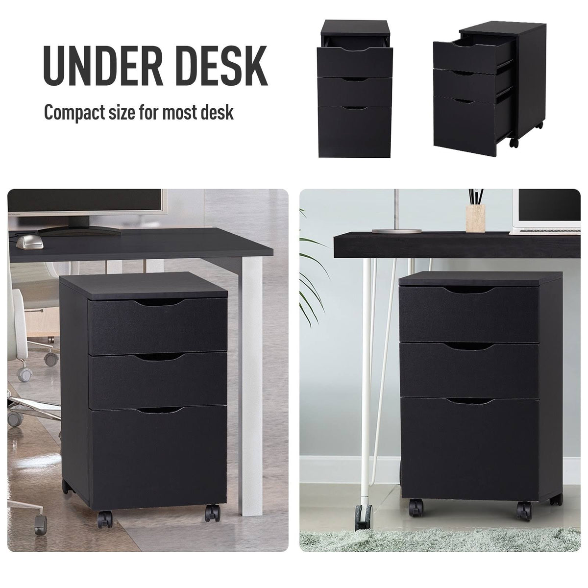 Black Wood Grain 3 Drawer Rolling File Cabinet I928593