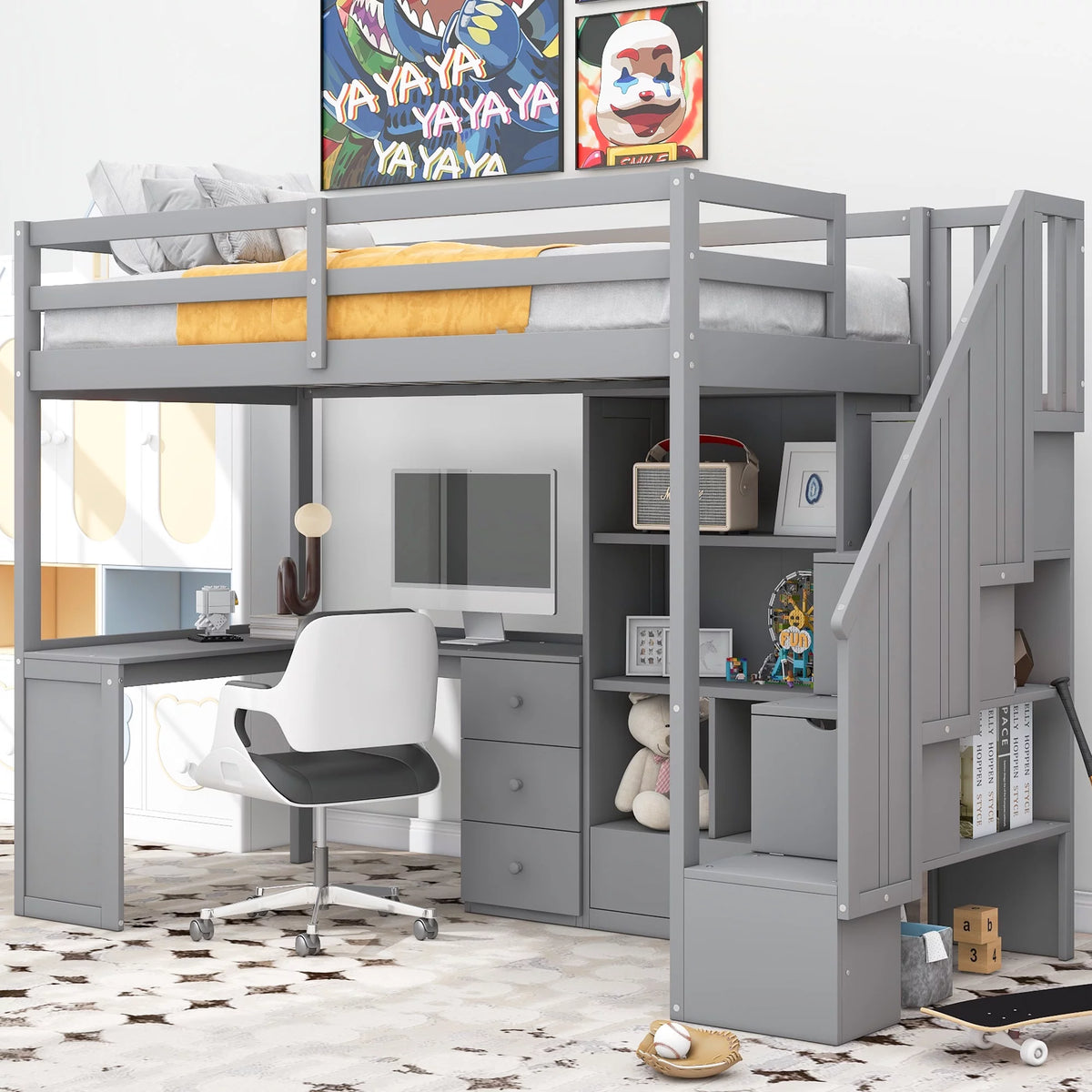 Gray Wood Twin Size Loft Bed with Desk and Stairs, 4 Storage Drawers, 4 Shelves O8755