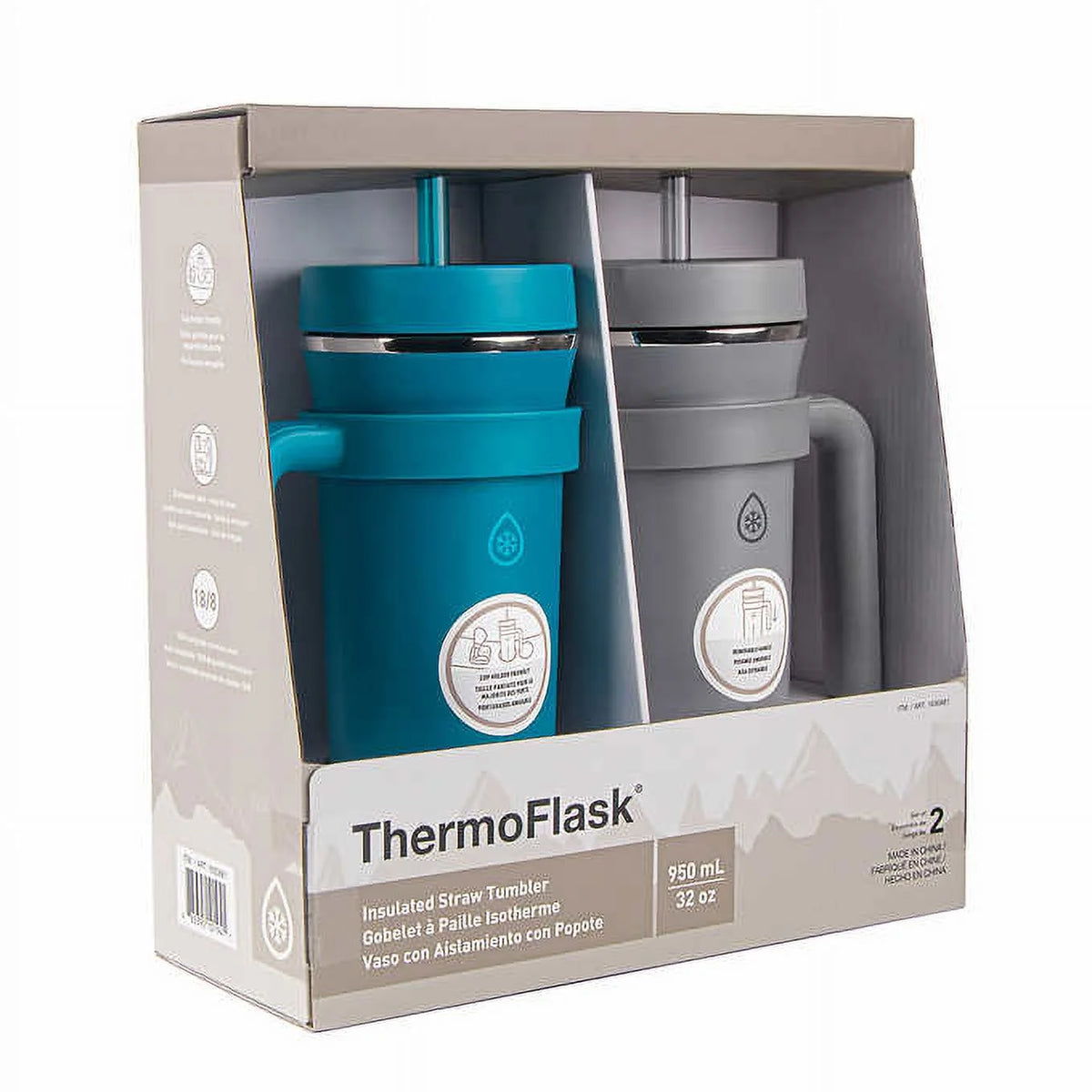 32oz Insulated Straw Tumbler with Handles, 2-pack (Teal & Grey) D835