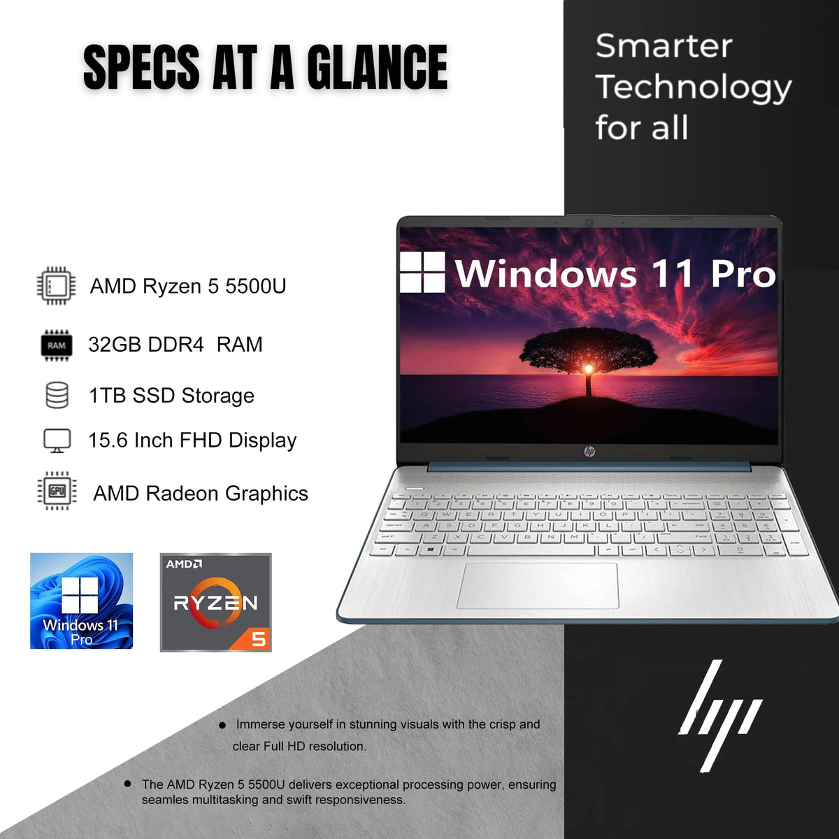 15.6 Inch FHD AMD Ryzen 5 5500U 32GB RAM 1TB SSD Windows 11 Pro Laptop E56349