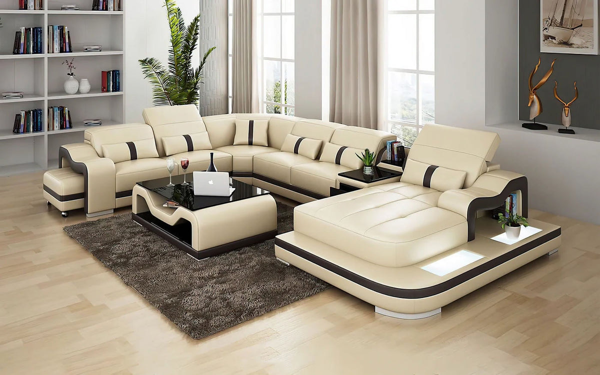 Beige and Dark Brown Top Grain Leather Sectional D820531
