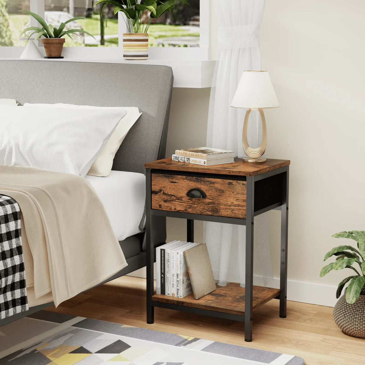 Set of 2 Nightstands with Fabric Drawer & Storage Shelf M70379