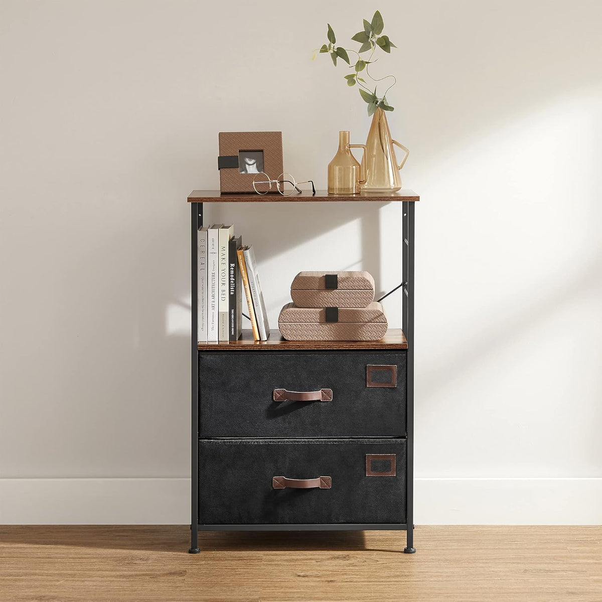 Rustic Brown Black Gray Nightstand with 2 Fabric Drawers and Wooden Top W3046