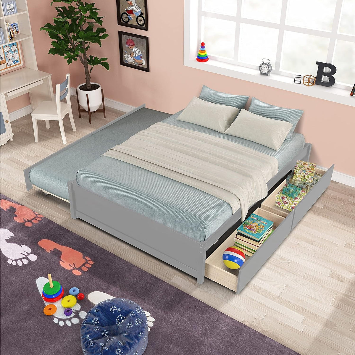 Full Size Wood Platform Bed with Trundle and 2 Drawers O587146