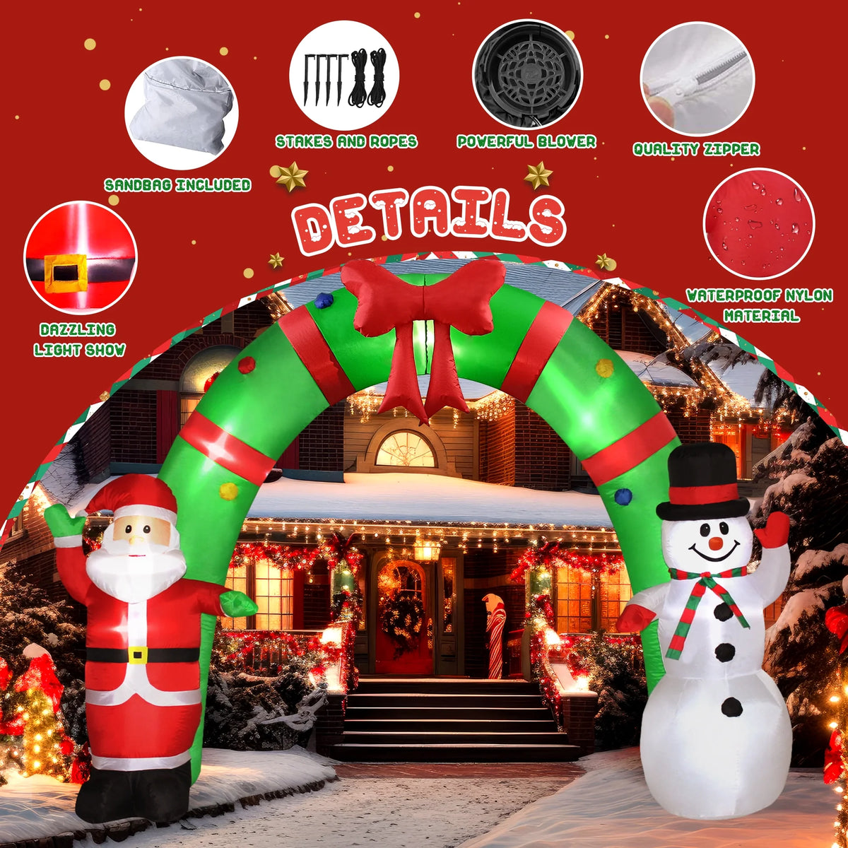10FT Christmas Inflatable Archway Santa Claus and Snowman with LED Lights U1822