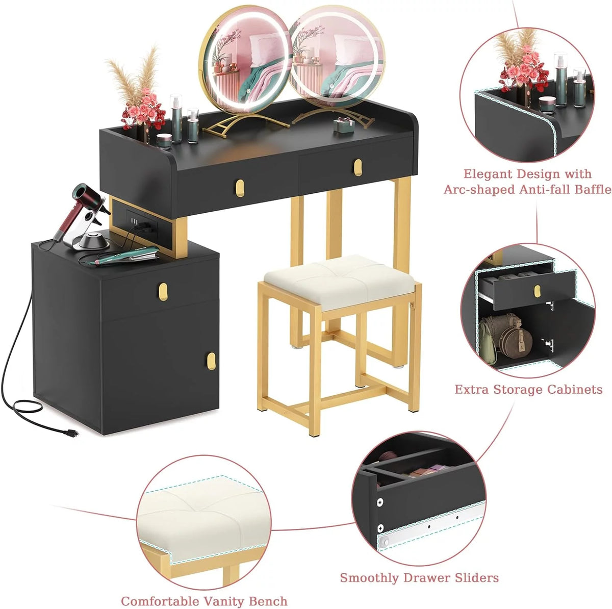 Black Vanity Desk with Lighted Mirror and Chair H2609