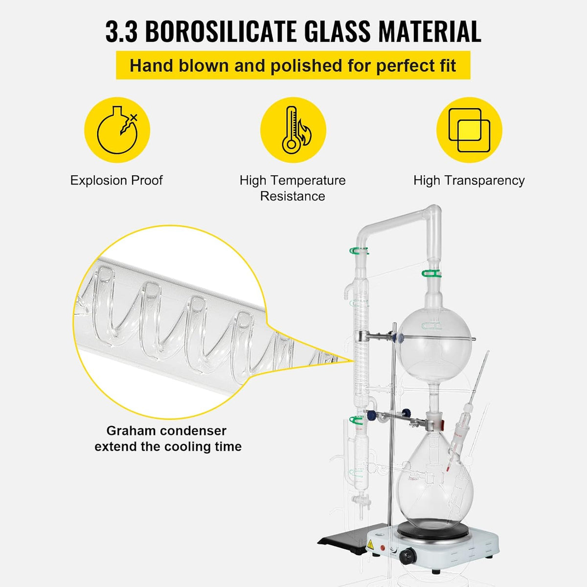 2L Essential Oil Distillation Apparatus Glassware Distillation Kit Water Distiller Purifier with Condenser J768965